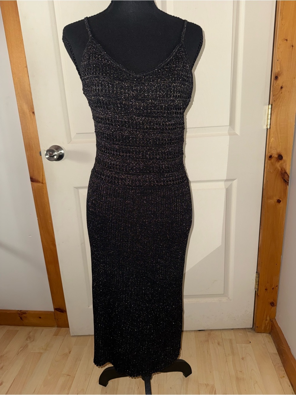 bebe Black Metallic Knit Midi Dress, Size L